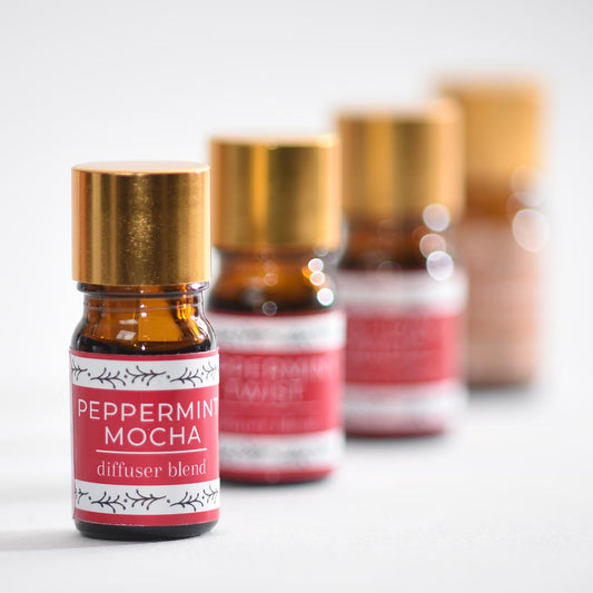 Bottle of peppermint mocha diffuser blend with gold cap on a white background
