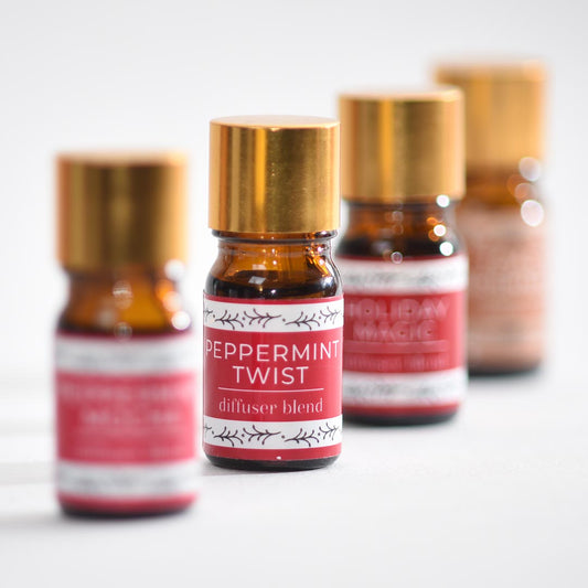 Bottle of 'Peppermint Twist' diffuser blend with gold cap on a light background