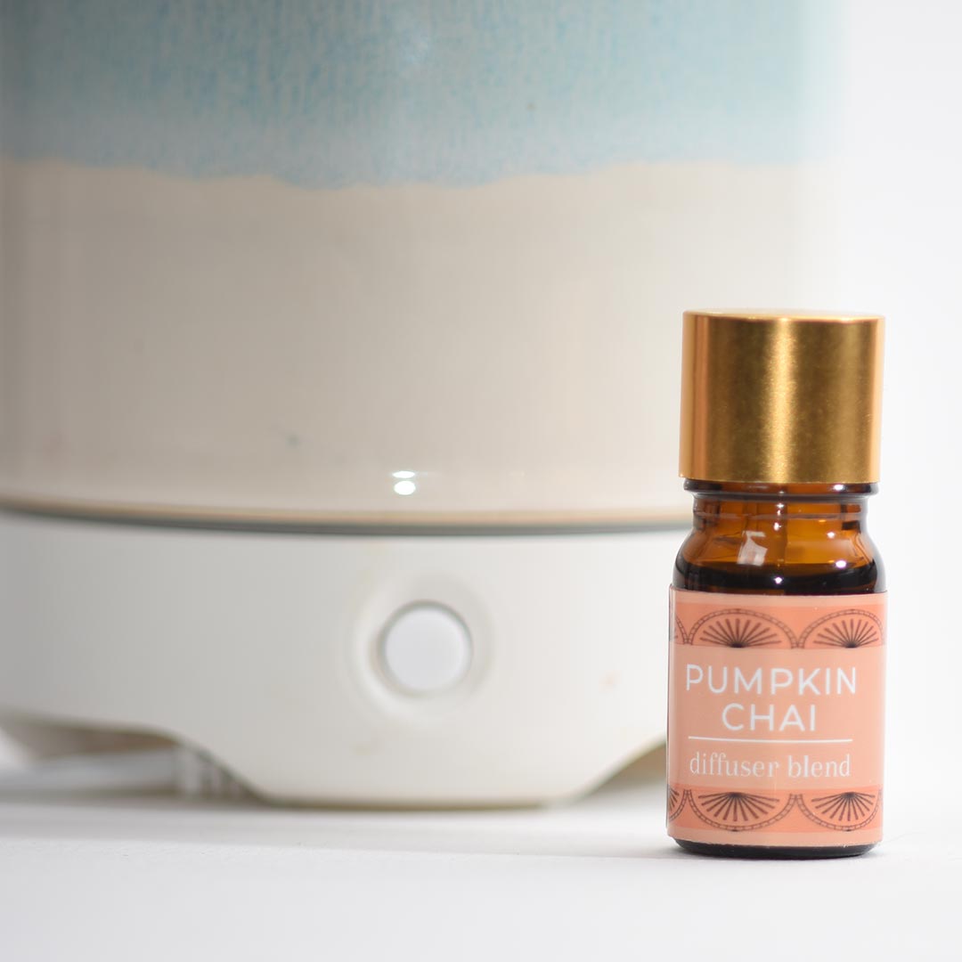 Bottle of pumpkin chai diffuser blend, essential oil blend for fall
