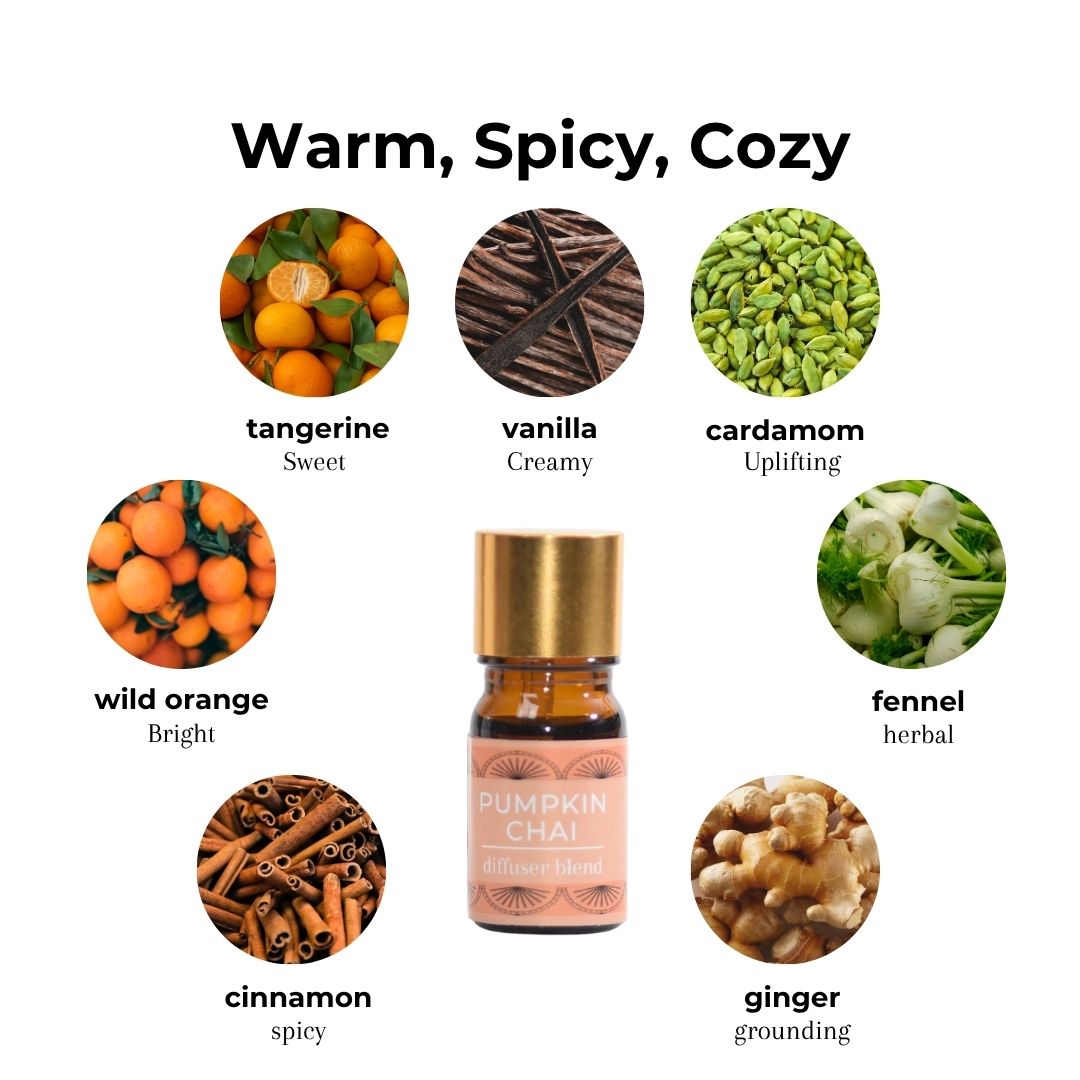 An amber glass essential oil bottle labeled 'Pumpkin Chai' centered on a white background, surrounded by circular ingredient photos and text for tangerine, vanilla, cardamom, wild orange, fennel, cinnamon, and ginger, with the headline 'Warm, Spicy, Cozy'.