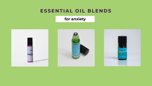 Blog banner, essential oil blends for anxiety featuring aromatherapy products