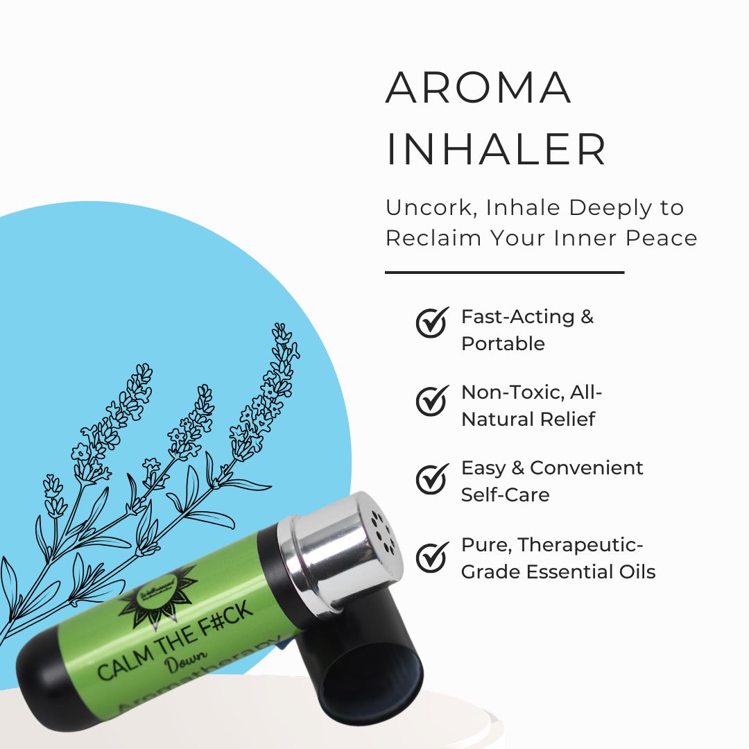 Calm Down aroma inhaler with a green body and black cap, shown on a white background with text describing benefits and a blue circle with line art of lavender branches. The product label reads 'CALM THE F*CK Down.