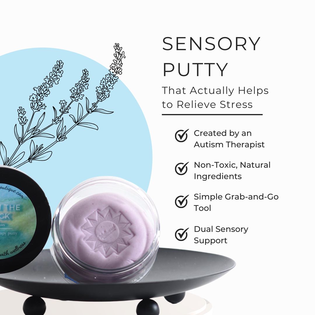 A jar of calm down sensory putty displayed on a black saucer with product text and benefits listed on a white background. The putty is a pale lavender color inside a clear round jar, with a second closed jar partially visible on the left.