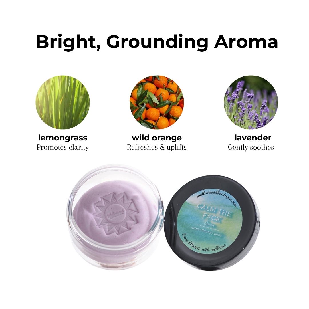 A jar of aromatherapy stress putty shown open with the lid beside it on a white background. Above the product, text reads 'Bright, Grounding Aroma' with circular ingredient images for lemongrass, wild orange, and lavender, and labels describing their effects.