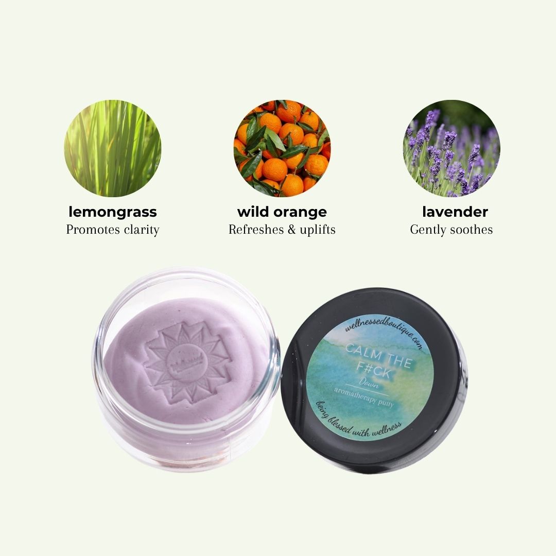 A small round jar of calm down aromatherapy putty shown open with the lavender-colored product inside, alongside the black-lidded jar displaying a blue-green label. Above are three circular ingredient/scene images labeled lemongrass, wild orange, and lavender, with text describing their benefits.