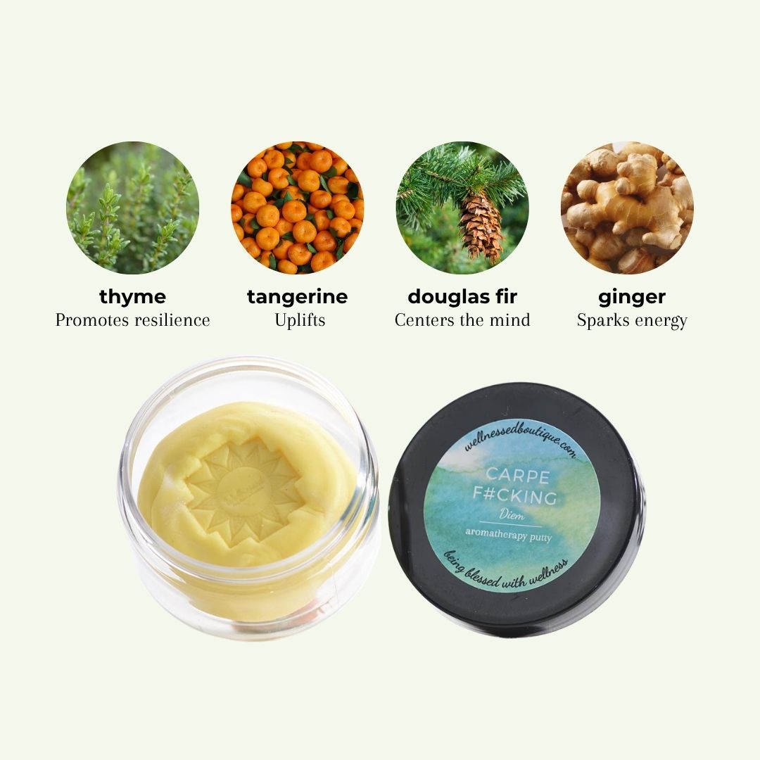 A jar of Carpe Diem Aromatherapy Putty shown open with pale yellow putty inside, alongside the black lid featuring a blue-green label. Above the product are four circular ingredient photos labeled thyme, tangerine, douglas fir, and ginger with text describing their effects.