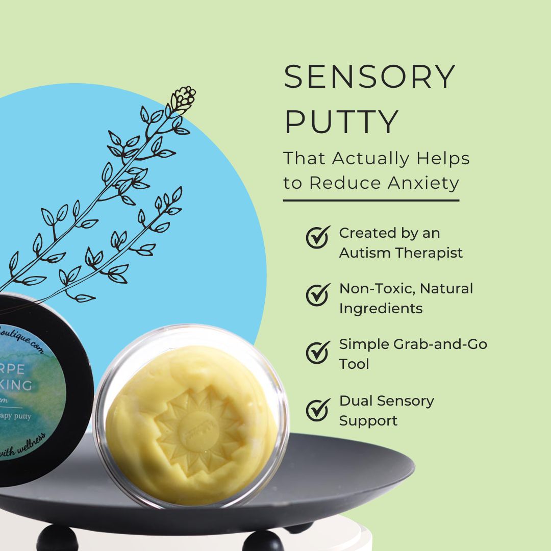 A jar of Carpe Diem sensory putty sits on a black tray against a light green background with a blue circle and botanical line art. Text on the right reads 'SENSORY PUTTY' and lists product benefits, including created by an autism therapist, non-toxic natural ingredients, and dual sensory support.