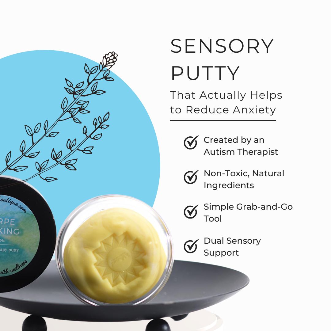 A jar of Carpe Diem sensory putty displayed on a black stand with a clear lid, alongside a round product label. The image includes text on a white background with a light blue circle and botanical line art.