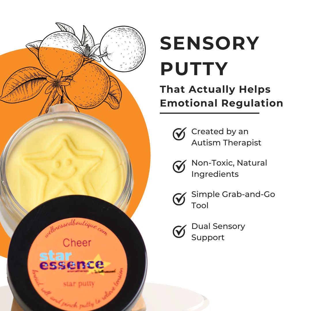 A jar of Star Essence Cheer sensory putty with a star-shaped piece visible inside, shown next to a black lid labeled 'Cheer star essence star putty.' The image includes illustrated oranges and marketing text on a white background.