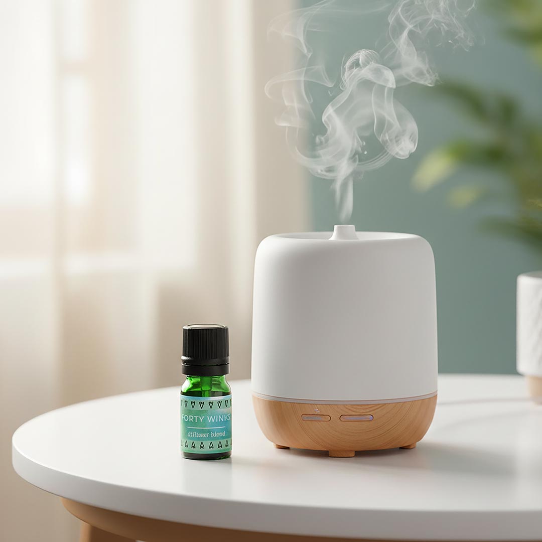 White and wooden diffuser with steam on a table next to a bottle of Forty Winks essential oil diffuser blend for sleep.