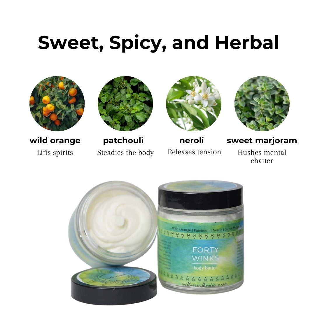 A jar of Forty Winks herbal sleep magnesium butter shown open with cream inside, alongside the labeled jar, on a white background. Above the products, text reads 'Sweet, Spicy, and Herbal' with circular images and labels for wild orange, patchouli, neroli, and sweet marjoram.