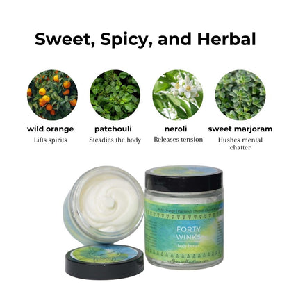 A jar of Forty Winks herbal sleep magnesium butter shown open with cream inside, alongside the labeled jar, on a white background. Above the products, text reads 'Sweet, Spicy, and Herbal' with circular images and labels for wild orange, patchouli, neroli, and sweet marjoram.