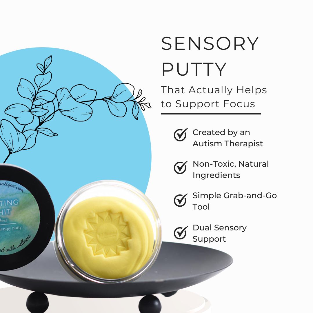 A jar of Getting Shit Done sensory putty and its lid are displayed on a black stand against a white background with a large blue circle and decorative leaf line art. Text on the right reads 'SENSORY PUTTY' and includes benefits copy with checkmarks.