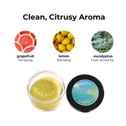 A round jar of Getting Shit Done aromatherapy putty and its black lid placed beside it on a white background. Above the product, the text reads 'Clean, Citrusy Aroma' with three circular scent illustrations labeled grapefruit, lemon, and eucalyptus, each with descriptive text.