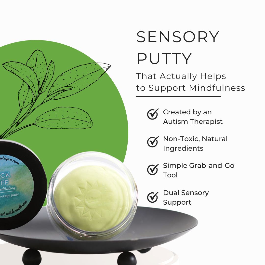 I'm Meditating Sensory putty jar and lid displayed on a small black stand against a white background with a green leaf graphic and product feature text.