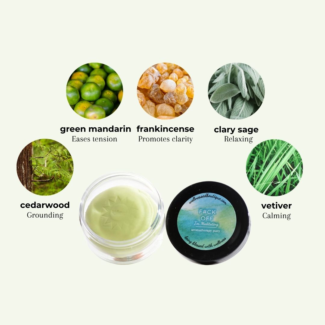 A jar of I'm Meditating Aromatherapy Putty with its black lid shown beside it on a pale background, surrounded by circular ingredient callouts: green mandarin, frankincense, clary sage, cedarwood, and vetiver with text labels.