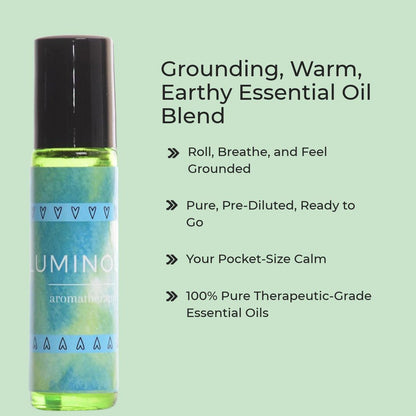 Luminous roller with benefits, grounding, warm, earthy essential oil blend