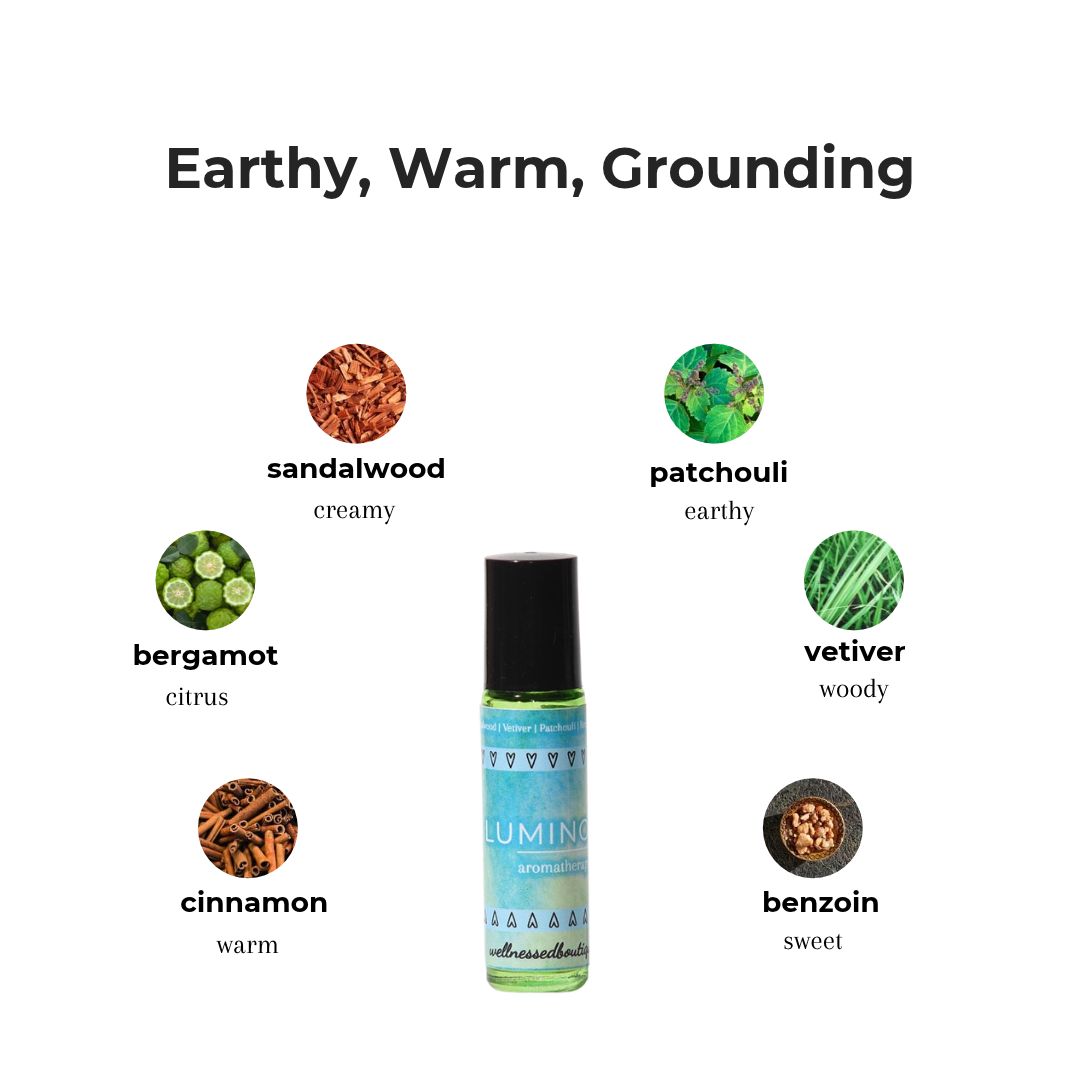 Luminous roll on scent notes: sandalwood, patchouli, vetiver, bergamot, cinnamon, benzoin