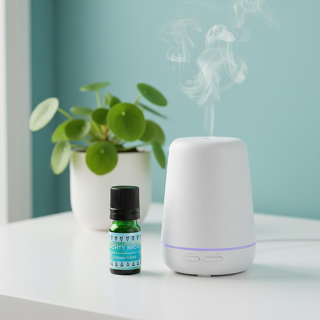 White diffuser with steam, a green bottle of Nighty Night sleep diffuser blend and a plant on a light surface.