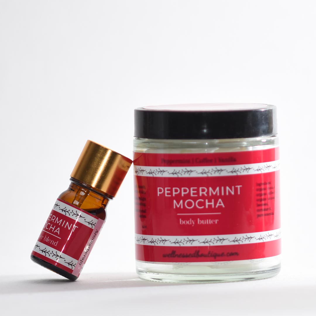 Peppermint Mocha body butter jar and diffuser blend on a white background