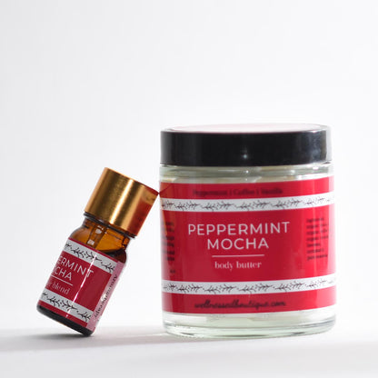 Peppermint Mocha body butter jar and diffuser blend on a white background