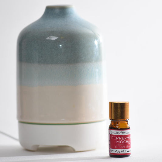 Ceramic diffuser bottle with Peppermint Mocha diffuser oil bottle on a white background