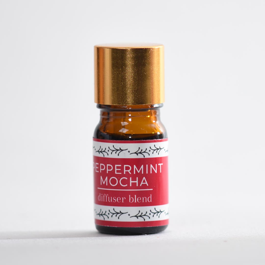 Bottle of peppermint mocha diffuser blend on a white background