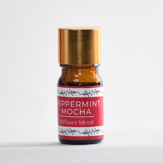 Bottle of peppermint mocha diffuser blend on a white background