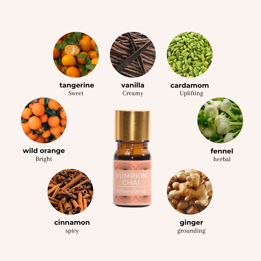 An essential oil bottle labeled 'Pumpkin Chai' centered on a light beige background, surrounded by circular ingredient callouts for tangerine, vanilla, cardamom, wild orange, fennel, cinnamon, and ginger with scent and mood descriptors.