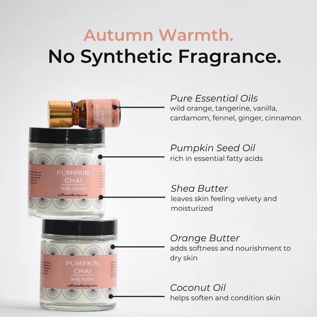 Two jars of Pumpkin Chai body butter with a Pumpkin Chai Diffuser Blend bottle, shown on a light gray background with text labels describing ingredients: pure essential oils, pumpkin seed oil, shea butter, orange butter, and coconut oil.