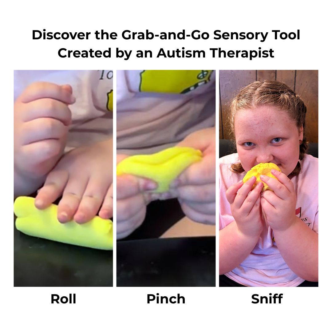 A three-panel demonstration graphic showing a child's hands using a bright yellow sensory toy. The panels are labeled 'Roll', 'Pinch', and 'Sniff' with headline text above reading 'Discover the Grab-and-Go Sensory Tool Created by an Autism Therapist'.