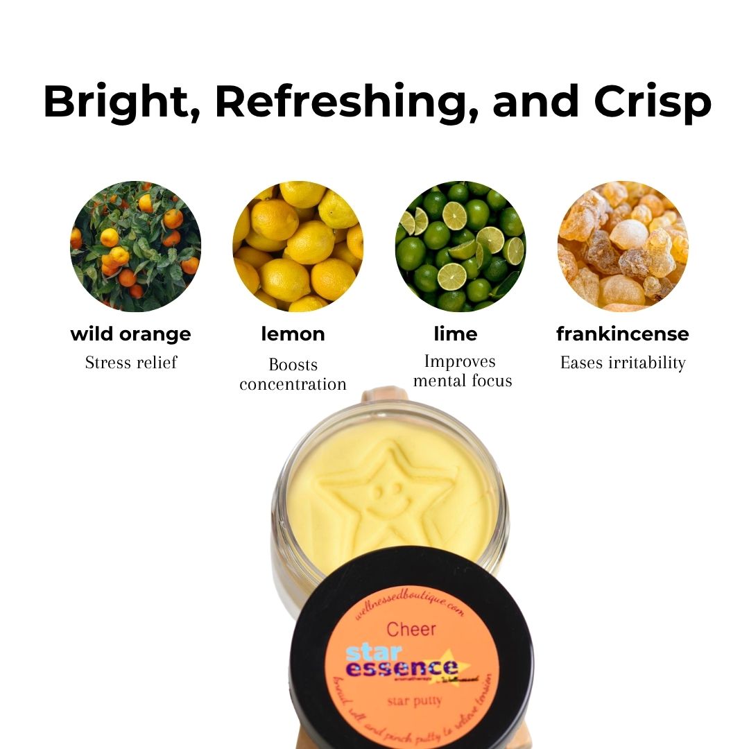 A jar of Cheer Star Essence sensory putty shown with its lid in front, on a white background with text and ingredient icons for wild orange, lemon, lime, and frankincense.