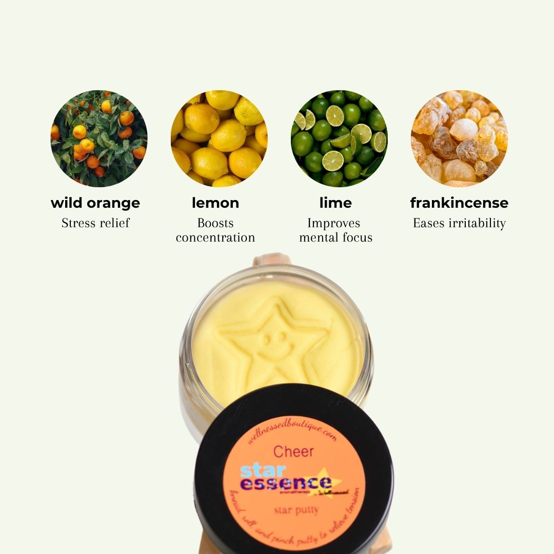 A jar of Star Essence Cheer Aromatherapy Putty shown with its lid in front, plus four ingredient circles labeled wild orange, lemon, lime, and frankincense on a light background.