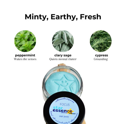 A jar of light blue star-shaped focus fidget putty labeled 'star essence' on a white background, with three scent callouts above: peppermint, clary sage, and cypress, plus the text 'Minty, Earthy, Fresh'.