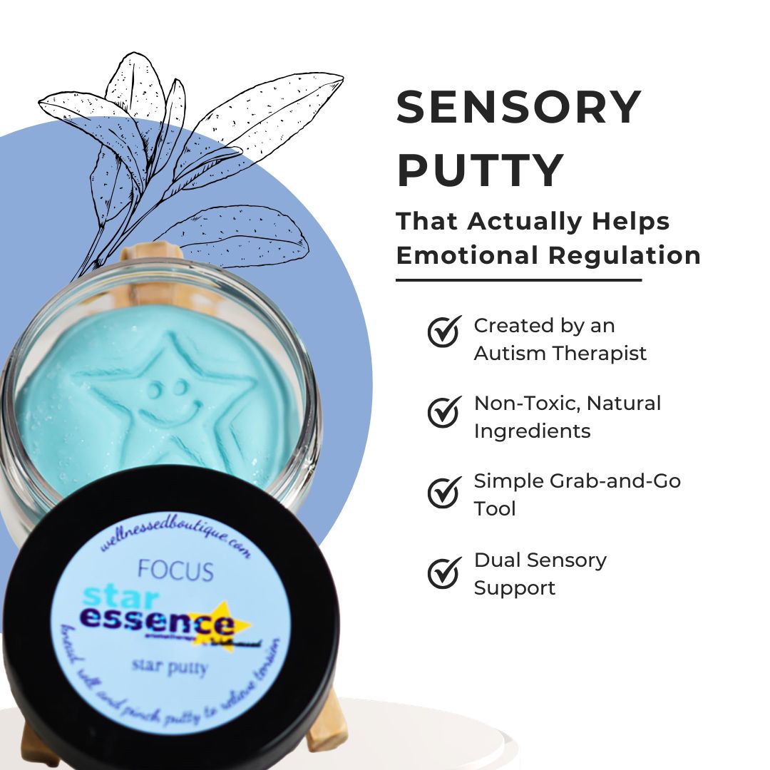 A jar of light blue Focus sensory putty with a star-shaped embossed top, shown beside a black lid label reading 'Focus Star Essence Star Putty.' The right side includes marketing text about emotional regulation and product benefits on a white background with a blue decorative shape.