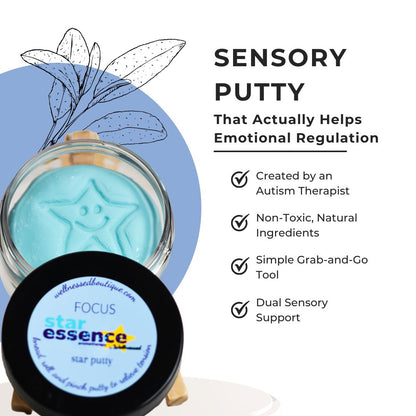 A jar of light blue Focus sensory putty with a star-shaped embossed top, shown beside a black lid label reading 'Focus Star Essence Star Putty.' The right side includes marketing text about emotional regulation and product benefits on a white background with a blue decorative shape.