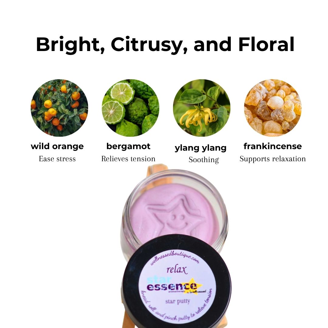 A jar of lavender star-shaped sensory putty shown on a white background with scent callouts above: bright, citrusy, and floral, inspired by wild orange, bergamot, ylang ylang, and frankincense.