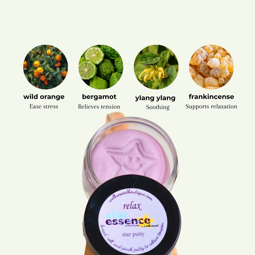 A jar of lavender star-shaped aromatherapy putty shown with ingredient callouts above: wild orange, bergamot, ylang ylang, and frankincense, on a pale cream background.