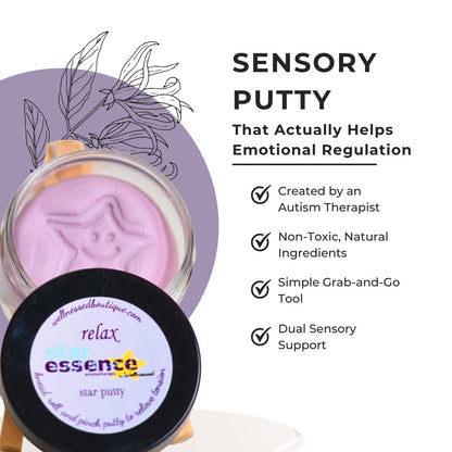 A jar of lavender-colored sensory putty with a black lid labeled 'relax essence star putty' shown beside marketing text on a white background. The text reads 'SENSORY PUTTY That Actually Helps Emotional Regulation' with bullet points about autism therapist creation, non-toxic natural ingredients, simple grab-and-go tool, and dual sensory support.