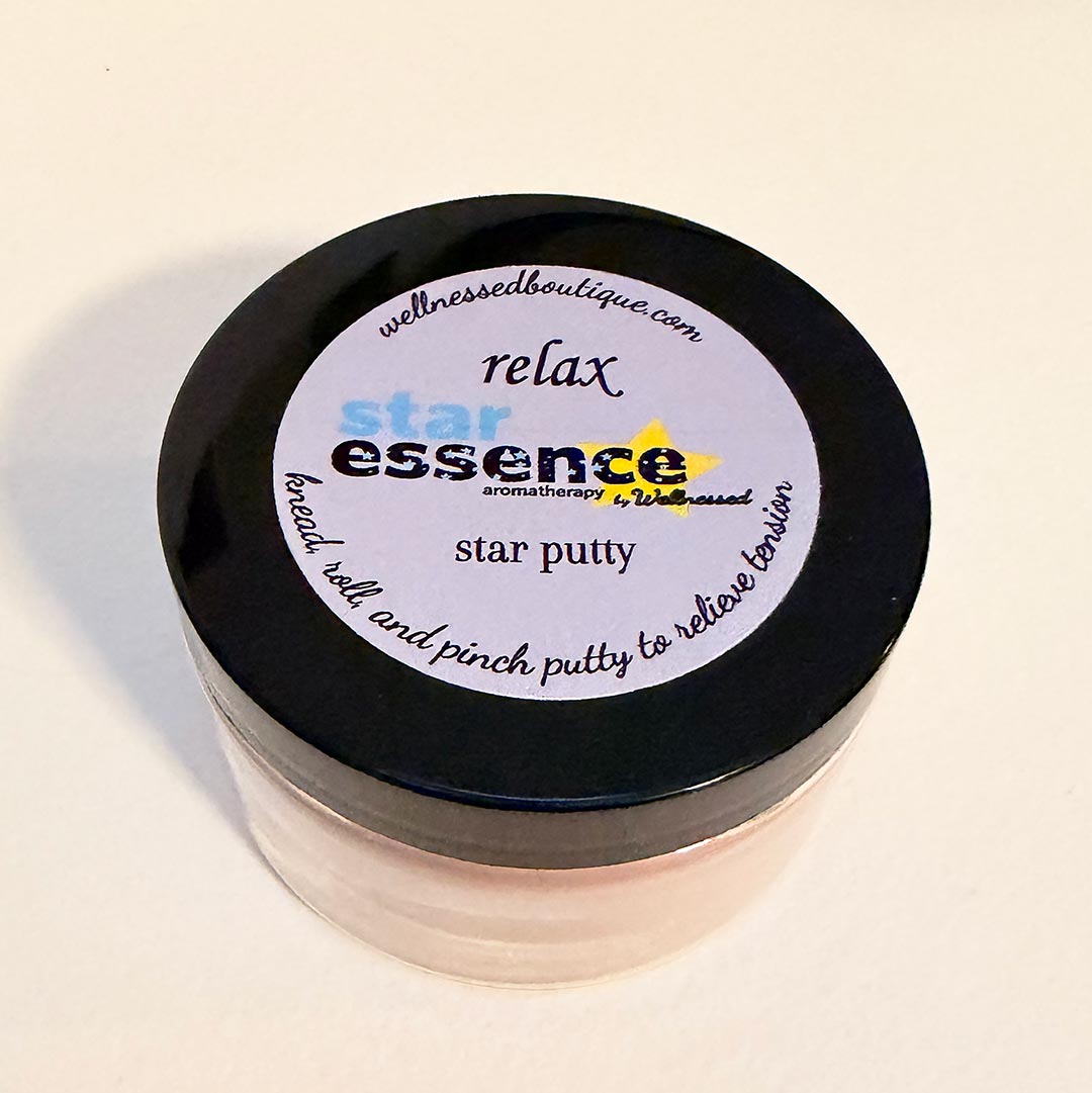 Jar of star essence Relax aromatherapy putty with a label on a white background