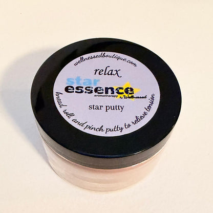 Jar of star essence Relax aromatherapy putty with a label on a white background