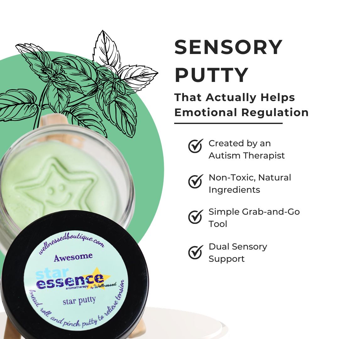 Star Essence Awesome Aromatherapy Putty in a clear jar with a black lid, shown on a white background with a green circle and botanical illustration. Text on the right reads 'SENSORY PUTTY That Actually Helps Emotional Regulation' with feature checkmarks.